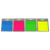 Vier Packungen mit transparenten Haftnotizen. Farben: Blau, Pink, Grün, Gelb. Jede Packung enthält eine gleichfarbige Haftnotiz.