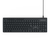 schwarze Tastatur mit Kabel. Flache Tastenanordnung ohne besondere Merkmale.