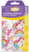 Verpackung mit Zuckerfiguren in Form von Einhörnern und Regenbögen. Acht Stück enthalten.