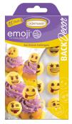 Verpackung mit 15 essbaren Emoji-Dekoren aus Zucker. Bunte Gesichter auf kleinen runden Plättchen. Geeignet für Cupcakes oder Desserts.