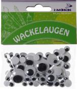 Packung mit Wackelaugen in verschiedenen Größen. Die Augen haben schwarze Pupillen auf transparentem Hintergrund.