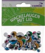 Packung mit Wackelaugen in verschiedenen Größen und Farben. Augen haben schwarze Wimpern und sind auf einem transparenten Hintergrund.