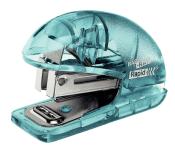 Transparenter blauer Hefter mit runder Form. Er hat eine Metallklammer im Inneren.
