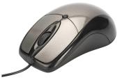 Schwarze Computermaus mit glatter Oberfläche. Sie hat zwei Tasten und ein Scrollrad.