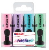 Set von vier Pastell-Markern. Farben: pink, lila, blau, grün. Verpackung transparent mit schwarzem Boden.