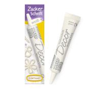 weißer Schreibguss in einer Tube. Verpackung mit lila und gelben Elementen. Geeignet zum Dekorieren von Backwaren.