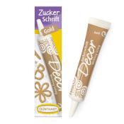 Schreibsüßigkeit in Goldfarbe. Tube mit spitzem Auslauf. Verpackung zeigt dekorierte Plätzchen.