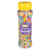 Flasche mit buntem Streudekor in Form von kleinen Konfetti-Stücken. Farben sind gelb, pink, blau und lila.
