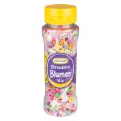 Durchsichtige Flasche mit gelbem Deckel. Enthält bunte Streudekor-Blumen in verschiedenen Farben: Pink, Gelb, Lila, Grün. Mischung aus kleinen Blüten und Formen.