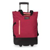 Rote Reisetasche mit Rollen und ausziehbarem Griff. Seitliche Reißverschlusstasche. Robuste Unterseite in Schwarz.