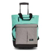 Trolley-Tasche in mintgrün mit grauer Fronttasche. Hat einen ausziehbaren Griff und Tragegriffe.