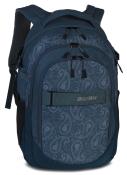 Dunkelblauer Rucksack mit Paisleymuster. Mehrere Fächer und gepolsterte Träger.