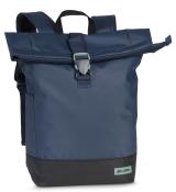 Dunkelblauer Rucksack mit Rollverschluss. Robustes Material, gepolsterte Schulterriemen. Kleines Fach auf der Vorderseite.