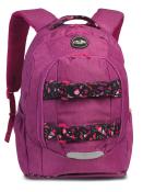 lila Rucksack mit zwei großen Fächern. Verstellbare Schultergurte. Bunte, geometrische Muster auf den Gurten.