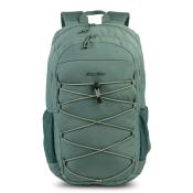 grüner Rucksack mit zwei Schulterriemen. Vorderseite mit elastischem Kordelzug. Seitentaschen für Flaschen.