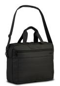 Schwarze Laptoptasche mit zwei Tragegriffen und einem abnehmbaren Schultergurt. Eine vordere Reißverschlusstasche ist sichtbar.