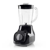 Schwarzer Standmixer mit transparentem Behälter. Drehregler zur Einstellung der Geschwindigkeit.