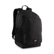 schwarzer Rucksack mit zwei Reissverschlusstaschen. Seitentasche aus Netzmaterial.