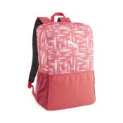 Rosa Rucksack mit geometrischem Muster und weißem Puma-Logo. Er hat eine große Haupttasche und eine kleine Seitentasche.