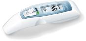 digitales Fieberthermometer in Weiß und Blau. Display zeigt 36,7 °C. Knöpfe für Start und Einstellungen.