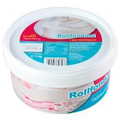 Weißer Rollfondant in einem 1 kg Eimer. Verpackung zeigt eine Torte mit Fondantüberzug.