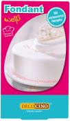 Weißer Fondant für Kuchen. Verpackung in pink mit einem dekorierten Kuchenbild.