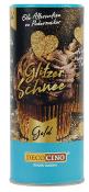 Runde Dose mit goldener Schrift. Inhalt ist eine glitzernde Dekoration für Backwaren.