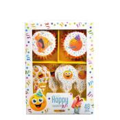 Cupcake-Kit mit fröhlichen Emoji-Motiven. Enthält 48 Teile, darunter Muffinförmchen und Keksausstecher.
