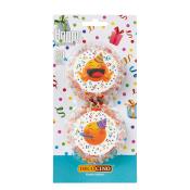 Packung mit 50 bunten Cupcake-Förmchen. Motiv mit fröhlichem Emoji und Konfetti.