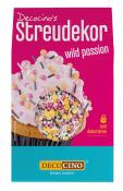 Verpackung für Streudekor mit bunten Streuseln. Farbenfroh, mit rosa und gelben Akzenten.