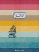 Geschenkpapier mit bunten Streifen in verschiedenen Farben. Ein Schiff ist in der Mitte abgebildet.