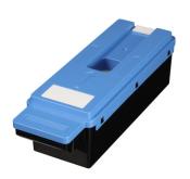 Lange, rechteckige Box in Blau und Schwarz. Oben mit einer Öffnung und einem weißen Etikett.