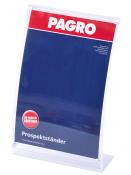 Prospektständer aus transparentem Material. Auf der Vorderseite ein rotes Logo 'PAGRO'. Dunkelblaue Fläche für Informationen. Magnethalterung.