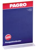 Transparenter Prospektständer mit rotem und blauem Design. Beschriftung mit 'Prospektständer' und 'Top Qualität Günstiger'.