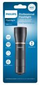 Schwarze Taschenlampe von Philips. 400 Lumen Helligkeit. Einstellbarer Fokus. Reichweite bis 100 m. IP54 wasserresistent. Batterien inklusive.