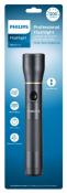 Schwarze Taschenlampe von Philips mit einem runden Kopf. Helligkeit von 1200 Lumen und einstellbarem Fokus.