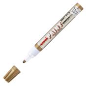 Goldfarbener Marker mit breiter Spitze. Kappe abgenommen. Auf der Verpackung steht 'uni PAINT Shiny Gold'.