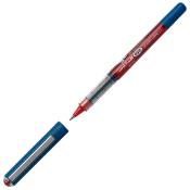 Ein roter Stift mit transparentem Gehäuse und blauer Kappe. Der Stift hat eine feine Spitze.