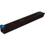 Schwarze Tonerkartusche mit blauen Enden. Lang und schmal, für Drucker geeignet.