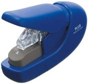 blauer Hefter ohne Klammern. Ergonomisches Design mit transparentem oberen Teil.