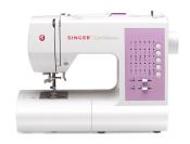 Nähmaschine in Weiß und Lila. Hat verschiedene Stichmuster und Bedienelemente.