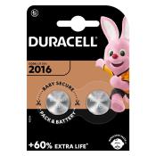 Zwei CR 2016 Knopfzellen-Batterien in einer Verpackung. Verpackung schwarz mit buntem Duracell-Logo und einem rosa Hasen. Hinweis auf 'Baby Secure' und '+60% Extra Life'.