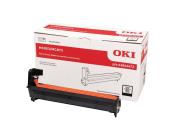 Farbdrucker Trommel von OKI. Verpackung in weiß und rot. Abgebildete Trommel ist schwarz mit orangefarbener Oberfläche. Modellnummer MC853/MC873.