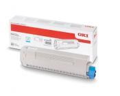 Tonerpatrone in grauer Farbe mit blauer Spitze. Verpackung mit rotem OKI-Logo.