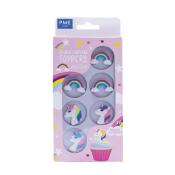 Packung mit essbaren Cupcake-Toppers. Sechs Stück. Designs: Einhörner und Regenbögen. Bunte, kindgerechte Motive auf rosa Hintergrund.