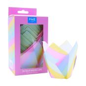 Packung mit 24 bunten Tulpenbackformen in Regenbogenstreifen. Die Formen sind aus Papier und haben eine blütenblattähnliche Form.