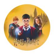 Drei Charaktere aus Harry Potter. Hintergrund mit Schloss und gelber Farbgebung.