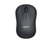schwarze Computermaus mit einem scrollenden Rad. Ergonomische Form, schlichtes Design. Logo von Logitech auf der Oberseite.