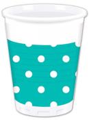 weißer Becher mit türkisfarbener Unterseite. Decke mit weißen Punkten. Einwegbecher, leicht und rund.
