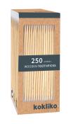 Verpackung mit 250 Holz-Zahnstochern. Die Box hat eine transparente Frontseite.